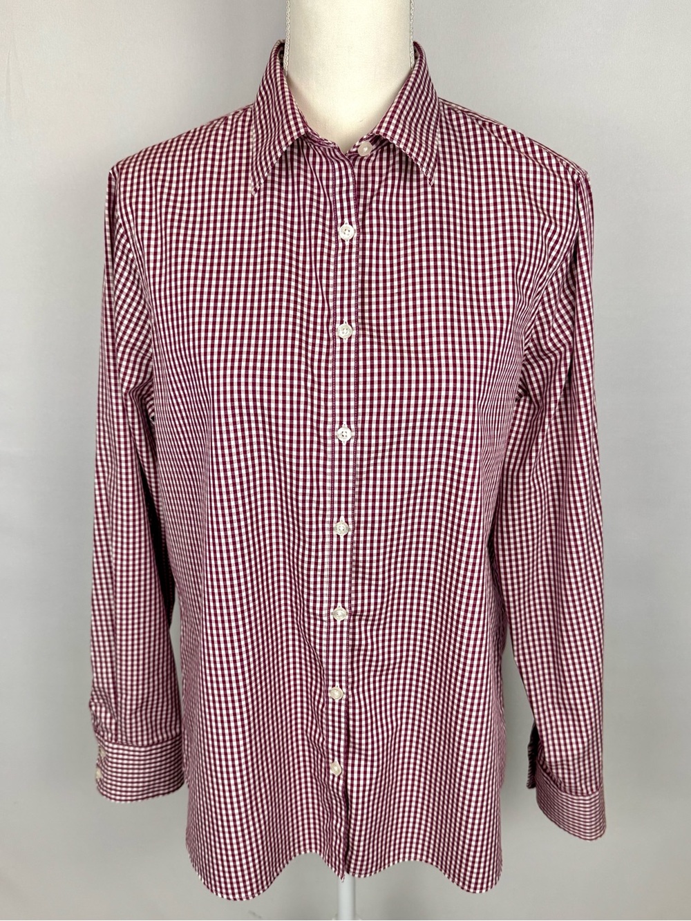 Lands End Women’s No Iron Supima Burgundy White Gingham Long Sleeve Shirt Siz 14